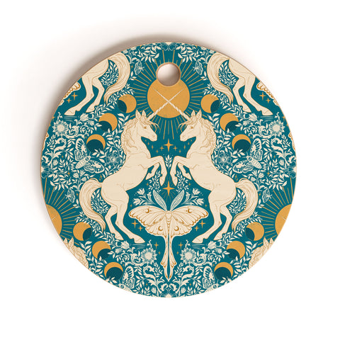 Avenie Unicorn Damask Turquoise Gold Cutting Board Round