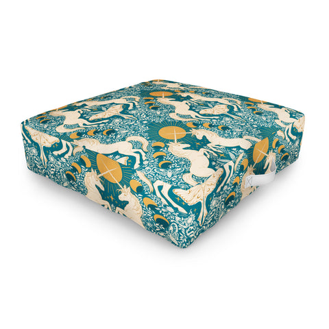 Avenie Unicorn Damask Turquoise Gold Outdoor Floor Cushion