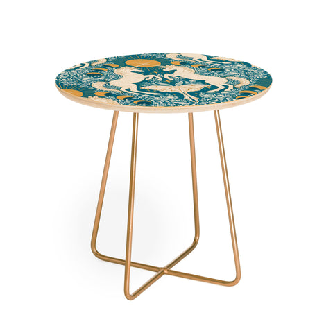 Avenie Unicorn Damask Turquoise Gold Round Side Table