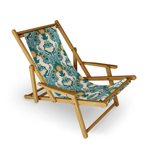 Avenie Unicorn Damask Turquoise Gold Sling Chair