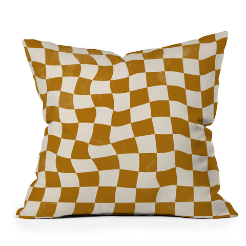 Avenie Warped Checkerboard Gold Outdoor Throw Pillow