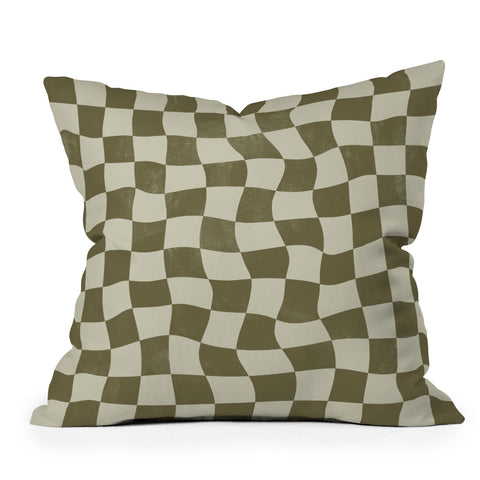 Avenie Warped Checkerboard Olive Outdoor Throw Pillow