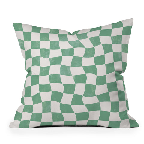 Avenie Warped Checkerboard Teal Outdoor Throw Pillow