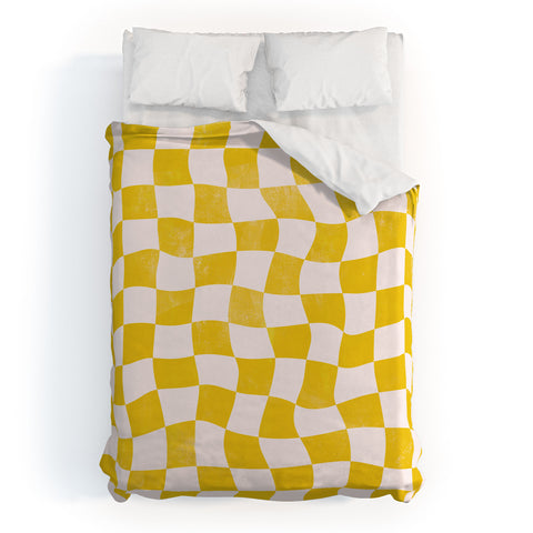 Avenie Warped Checkerboard Yellow Duvet Cover