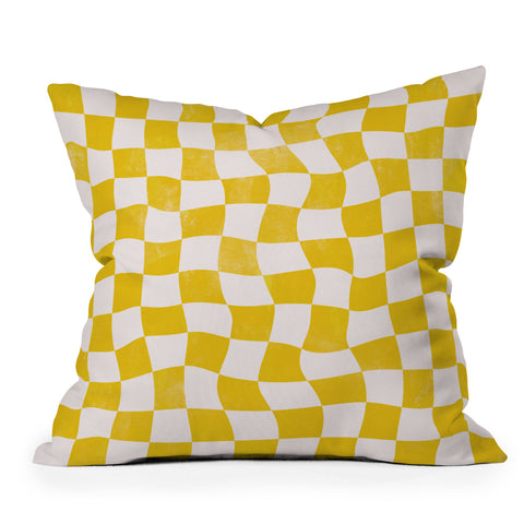 Avenie Warped Checkerboard Yellow Outdoor Throw Pillow