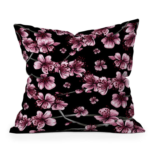 Belle13 Cherry Blossoms On Black Outdoor Throw Pillow