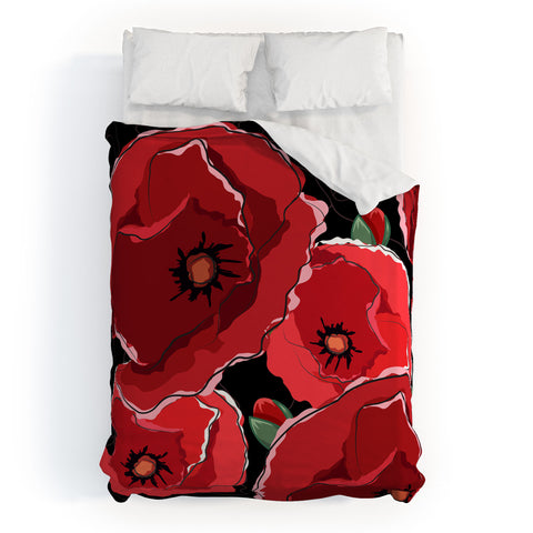 Belle13 Red Poppies On Black Duvet Cover