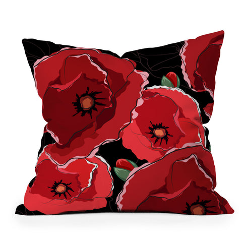 Belle13 Red Poppies On Black Outdoor Throw Pillow
