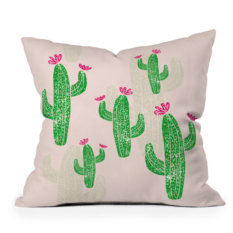 Bianca Green Linocut Cacti 2 Blooming Outdoor Throw Pillow