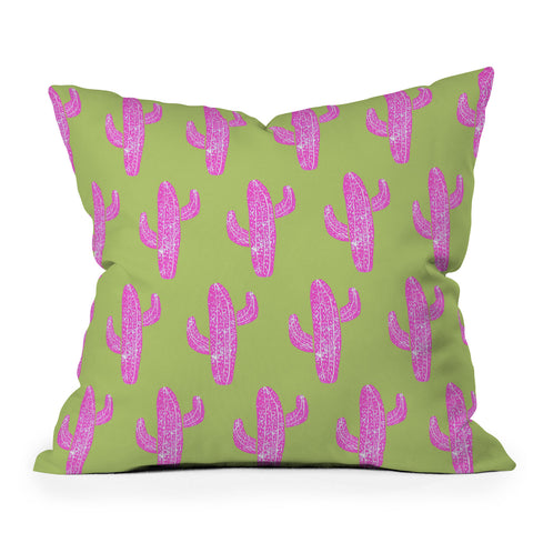 Bianca Green Linocut Cacti Pink Outdoor Throw Pillow