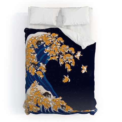 Big Nose Work Shiba Inu Great Wave at Night Duvet Cover