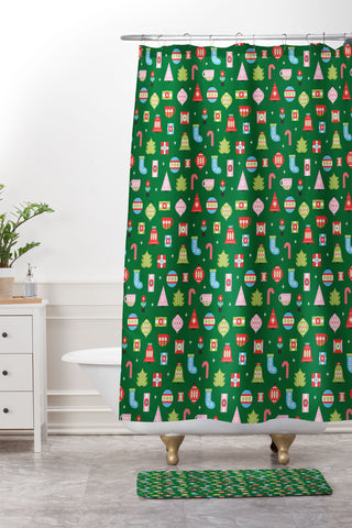 Carey Copeland Merry Bright Christmas Green Shower Curtain And Mat