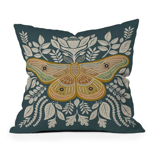 Carey Copeland Moth Floral Gold BlueGreen Outdoor Throw Pillow