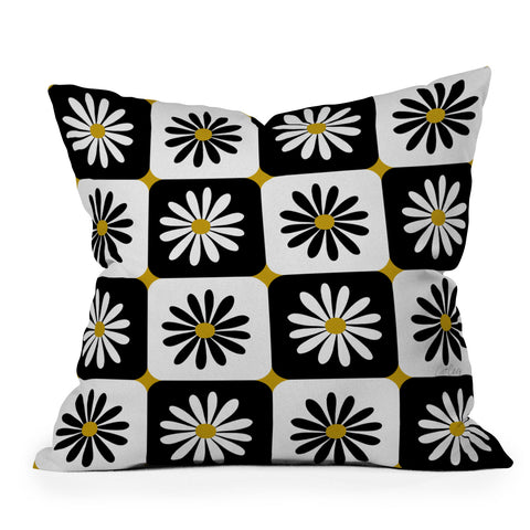 Cat Coquillette Checkered Daisies Black White Outdoor Throw Pillow