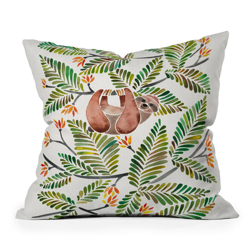Cat Coquillette Happy Sloth Tropical Green Rainforest Outdoor Throw Pillow