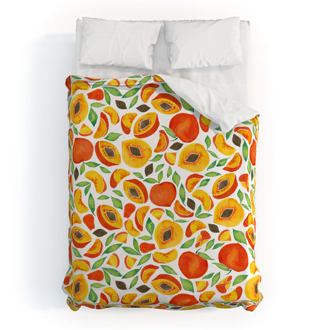 Cat Coquillette Peaches Green Leaves Duvet Cover