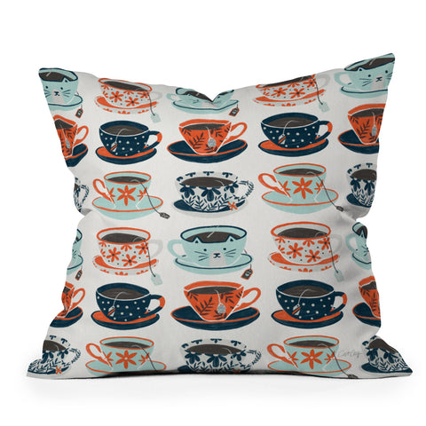 Cat Coquillette Tea Time Coral Teal Outdoor Throw Pillow