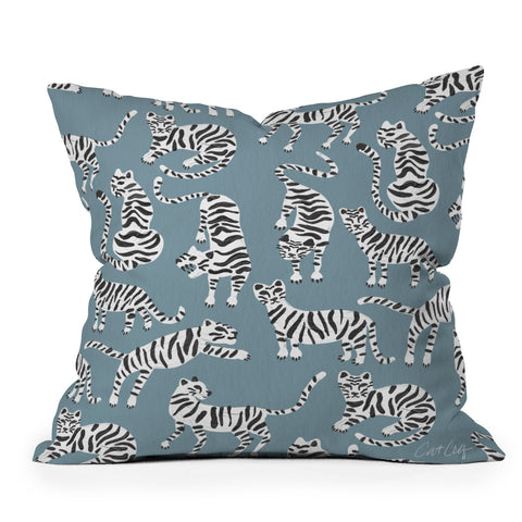 Cat Coquillette Tiger Collection White on Blue Outdoor Throw Pillow