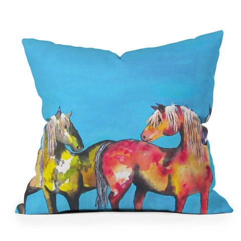 Clara Nilles Painted Ponies On Turquoise Outdoor Throw Pillow