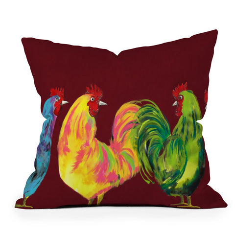 Clara Nilles Rainbow Roosters On Sangria Outdoor Throw Pillow