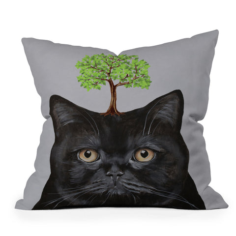 Coco de Paris A black cat with a tree Outdoor Throw Pillow
