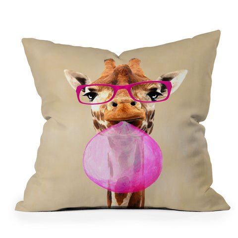 Coco de Paris Clever giraffe with bubblegum Outdoor Throw Pillow