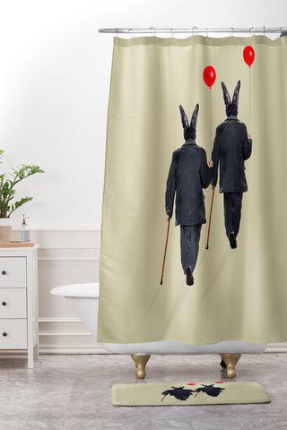 Coco de Paris Rabbits walking with balloons Shower Curtain And Mat