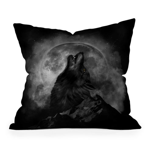Creativemotions Black Wolf Howling Black White Outdoor Throw Pillow