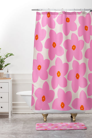 Daily Regina Designs Abstract Retro Flower Pink Shower Curtain And Mat