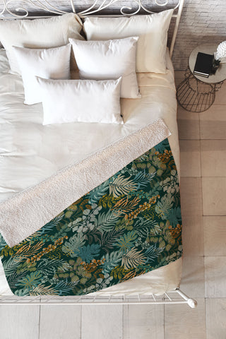 DESIGN d´annick tropical night emerald leaves Fleece Throw Blanket
