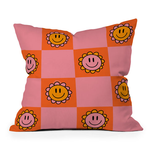 Doodle By Meg Orange Pink Checkered Print Outdoor Throw Pillow