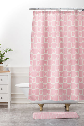 Doodle By Meg Pink Bow Checkered Print Shower Curtain And Mat