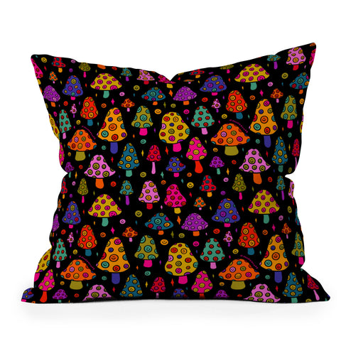 Doodle By Meg Smiley Mushrooms in Black Outdoor Throw Pillow