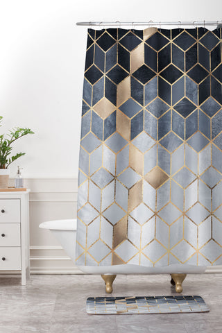 Elisabeth Fredriksson Soft Blue Gradient Cubes 2 Shower Curtain And Mat