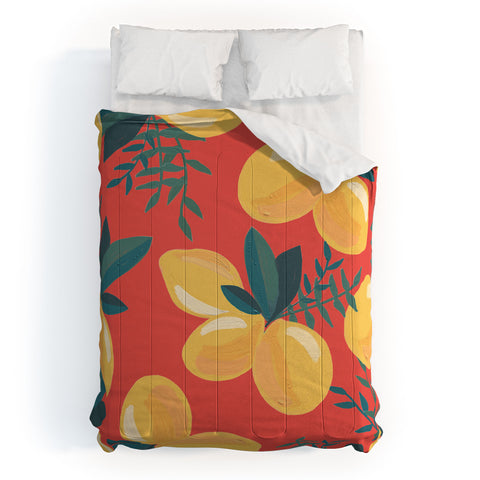 Emanuela Carratoni Painted Lemons on Red Comforter