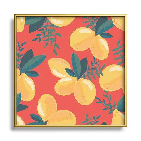Emanuela Carratoni Painted Lemons on Red Square Metal Framed Art Print