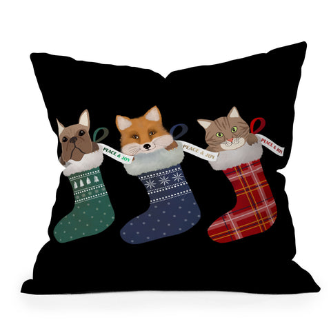 Emanuela Carratoni Pets in Christmas Stocking Outdoor Throw Pillow