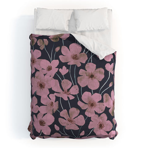 Emanuela Carratoni Pink Flowers on Blue Comforter