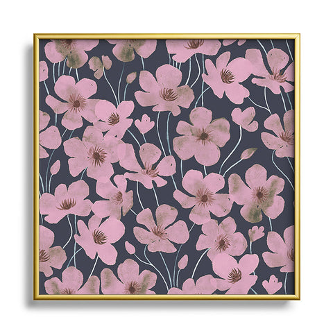 Emanuela Carratoni Pink Flowers on Blue Square Metal Framed Art Print
