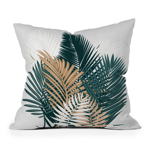 evamatise Gold and Green Palm Leaves Outdoor Throw Pillow