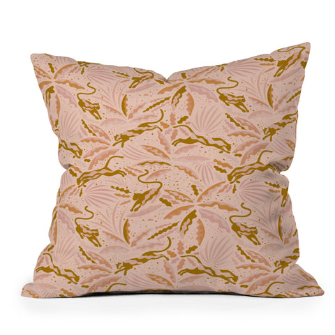 evamatise Panthers and Tropical Plants in Blush Outdoor Throw Pillow