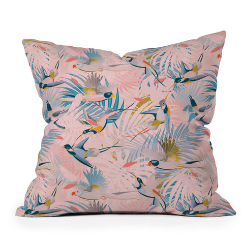 evamatise Pinky Sunny Boho Birds Pink Outdoor Throw Pillow
