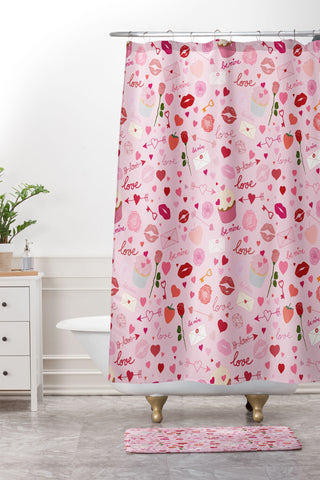 Gabriela Simon Pink valentines Day with Kisses Shower Curtain And Mat