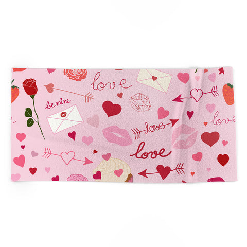 Gabriela Simon Pink valentines Day with Kisses Beach Towel