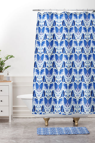 Gabriela Simon Vintage Blue Moths Shower Curtain And Mat
