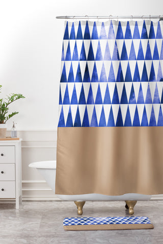 Georgiana Paraschiv Blue Triangles and Nude Shower Curtain And Mat