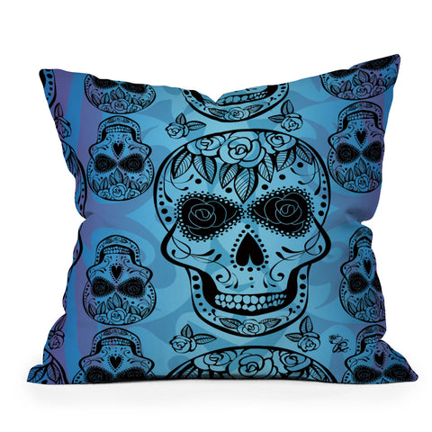 Gina Rivas Design Blue Rose Sugar Skulls Outdoor Throw Pillow