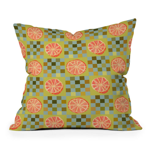H Miller Ink Illustration Checkered Citrus Fruit in Sage Outdoor Throw Pillow