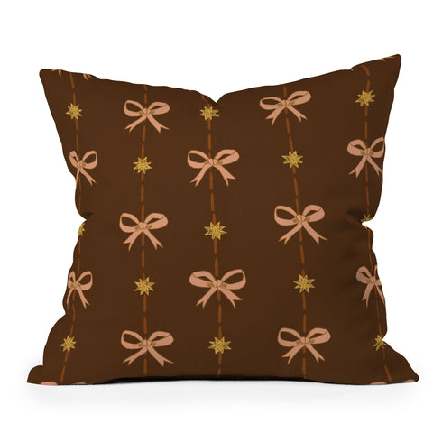 H Miller Ink Illustration Cute Hair Bows Stars in Brown Throw Pillow