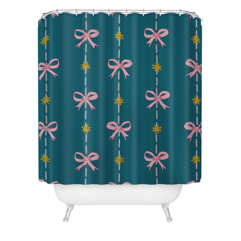 H Miller Ink Illustration Cute Hair Bows Stars in Teal Shower Curtain